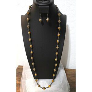 Handmade Lampwork Bead Necklace Earrings Set Orange & Gray 925 Sterling Earrings